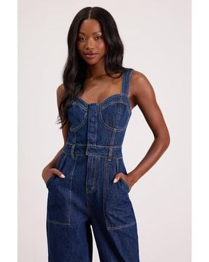 Lulus Fresh Perfection Dark Wash Bustier Sleeveless Denim Jumpsuit - Blue