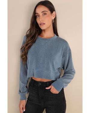 Lulus Relaxed Attitude Textured Ribbed Long Sleeve Crop Top - Blue