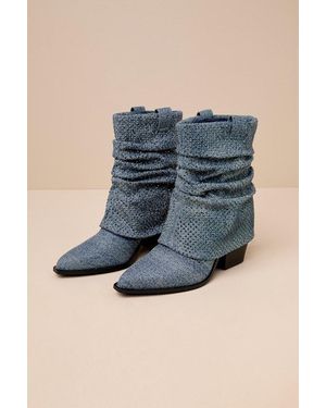 D'Amelio Footwear Savella Day To Night Denim Rhinestone Slouchy Western Booties - Blue