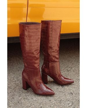 Lulus Katari Cranberry Croc Pointed-Toe Knee High Boots - Red