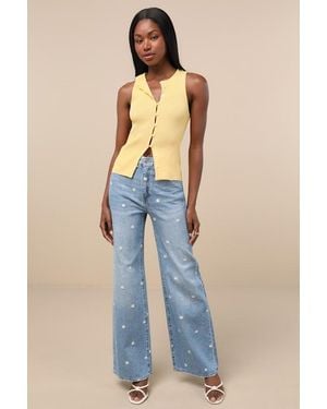 Daze Denim Far Out Light Wash Embroidered High-Rise Wide-Leg Jeans - Blue