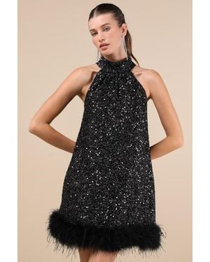 Lulus Magnetic Darling Shiny Sequin Feather Shift Mini Dress - Black