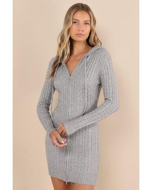 Lulus Cosy Aura Cable Knit Zip-Front Hooded Jumper Mini Dress - Grey