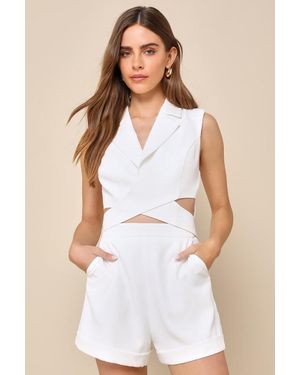 Lulus Posh And Flirty Collared Cutout Sleeveless Romper - White