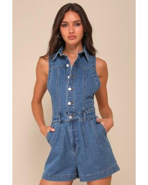 Lulus Irresistible Days Medium Wash Denim Collared Sleeveless Romper - Blue