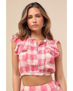JACQUIE THE LABEL Giada And Plaid Flutter Sleeve Crop Top - Pink