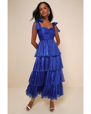 Lulus Radiant Arrival Shiny Organza Tiered Tie-Strap Maxi Dress - Blue