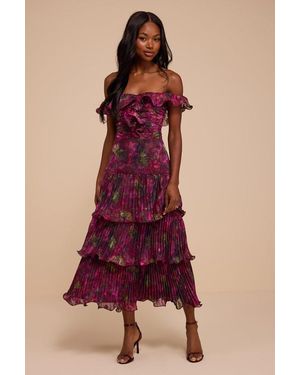 Lulus Krista Floral Off-The-Shoulder Midi Dress - Red