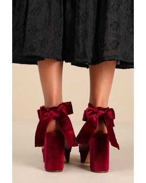 Lulus Sassyy Wine Velvet Bow Platform Ankle Strap Sandals - Red