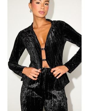Lulus Saelora Crushed Velvet Clasp-Front Long Sleeve Top - Black