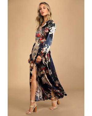 Lulus Put On A Smile Floral Print Satin Wrap Maxi Dress - Natural