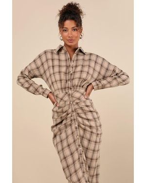 Lulus Seasonal Spirit Plaid Ruched Long Sleeve Midi Dress - Natural