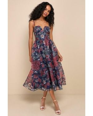 Lulus Cherished Aura Floral Organza Bustier Midi Dress - Blue