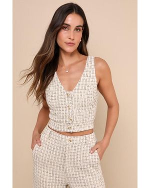 Lulus Posh Perception Ivory And Plaid Tweed Cropped Button Top - Black