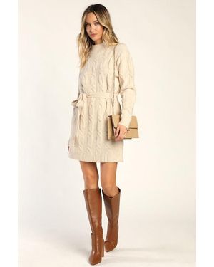 Lulus Warmed Up To You Cream Cable Knit Mock Neck Jumper Dress - Natural