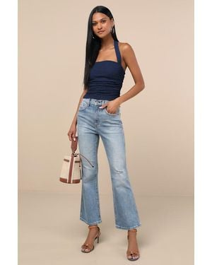 Daze Denim Soho Medium Wash Faded Distressed High-Rise Flare Jeans - Blue
