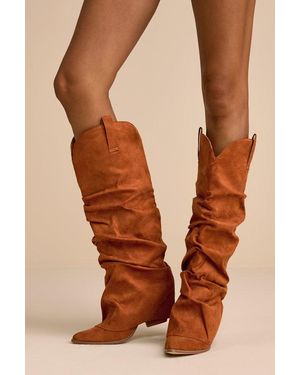 Lulus Lonzah Suede Slouchy Knee-High Western Boots - Orange