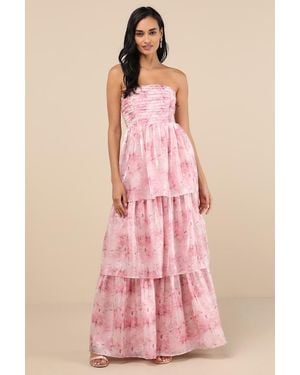 Lulus Kamella Floral Pleated Strapless Tiered Maxi Dress - Pink