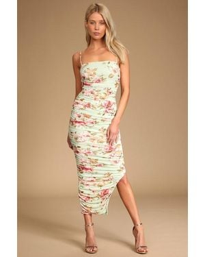 Lulus Stun And Only Sage Floral Print Ruched Mesh Bodycon Midi Dress - Natural
