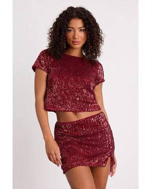 Lulus Isotta Sequin Short Sleeve Crop Top - Red