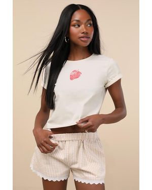 Lulus Marija Gingham Scalloped Shorts - Natural
