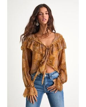 Lulus Azlynn Boho Print Ruffled Tie-Front Top - Orange