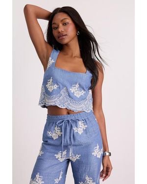Lulus Havana Embroidered Cropped Tank Top - Blue
