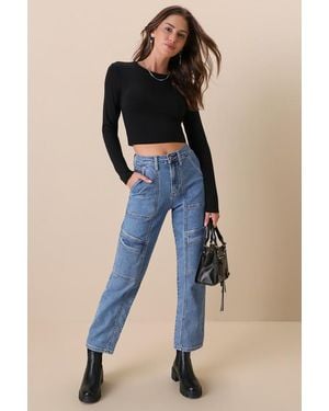 Lulus Ready To Vibe Medium Wash High-Rise Straight Leg Cargo Jeans - Blue