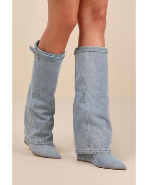 Steve Madden Corenne Denim Fold-Over Knee-High Wedge Boots - Blue