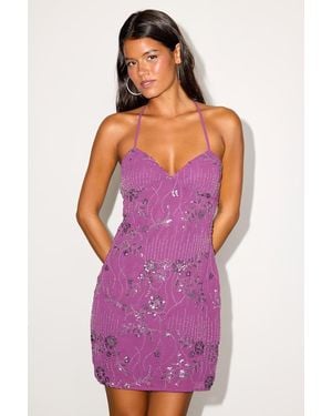 Lulus Alisia Sequin Beaded Lace-Up Mini Dress - Purple