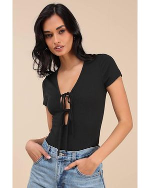 Lulus Lovely Ties Ribbed Knit Tie-Front Short Sleeve Bodysuit - Black