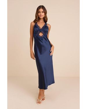 Lulus Camara Satin Lace Slip Midi Dress - Blue