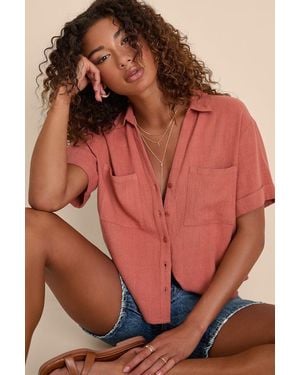 Lulus Summer Escapades Linen Collared Button-Up Top - Brown