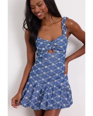 Lulus Enora Chambray Embroidered Mini Dress - Blue