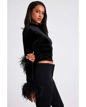 Lulus Malva Velvet Feather Cuff Long Sleeve Top - Black