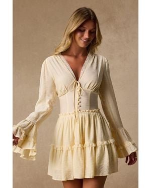 Lulus Ayaana Pale Long Sleeve Tiered Mini Dress - Natural