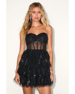 Lulus Illustrious Glow Sheer Tulle Sequin Tiered Mini Dress - Black