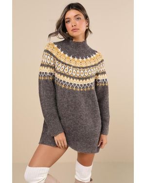 Lulus Wintertime Comfort Charcoal Fair Isle Jumper Mini Dress - Natural