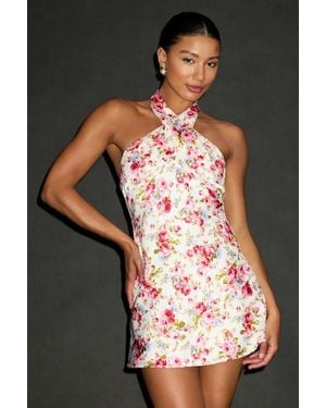 Lulus Mayar Floral Satin Cross-Front Halter Mini Dress - White