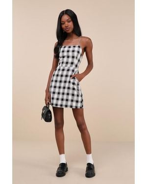Lulus Sweetest Memory Plaid Lace-Up Mini Dress With Pockets - Black