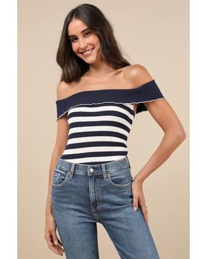 Motel Falea Striped Ribbed Off-The-Shoulder Top - Blue