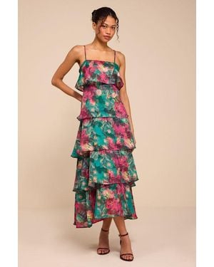 Lulus Nia Multi Jacquard Organza Tiered Midi Dress - Blue