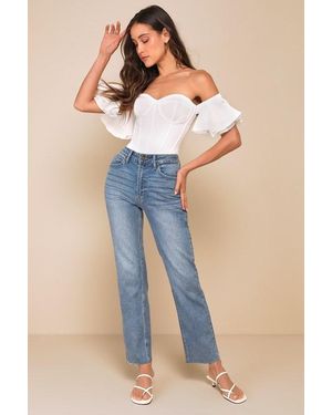 Lulus Enviable Aura Medium Wash High-Rise Raw Hem Straight Leg Jeans - Blue
