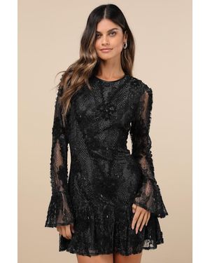 Lulus Darling Era Lace Applique Long Sleeve Ruffled Mini Dress - Black