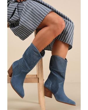 Seychelles Diva Suede Leather Perforated Mid-Calf Boots - Blue