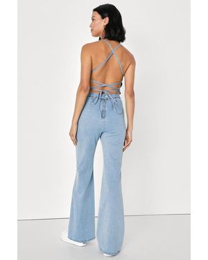 Lulus Retro Realness Light Wash Denim Lace-Up Backless Jumpsuit - Blue