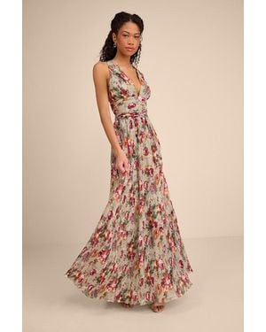 Lulus Leora Sage Floral Pleated Tiered Maxi Dress - Pink