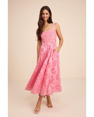 Lulus Loira Burnout Jacquard Lace-Up Midi Dress - Pink