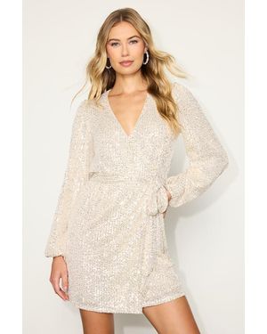 Lulus Sparkly Darling Sequin Long Sleeve Wrap Dress - Metallic
