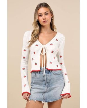 Lulus Tanvi Floral Embroidered Ribbed Tie-Front Cardigan - White